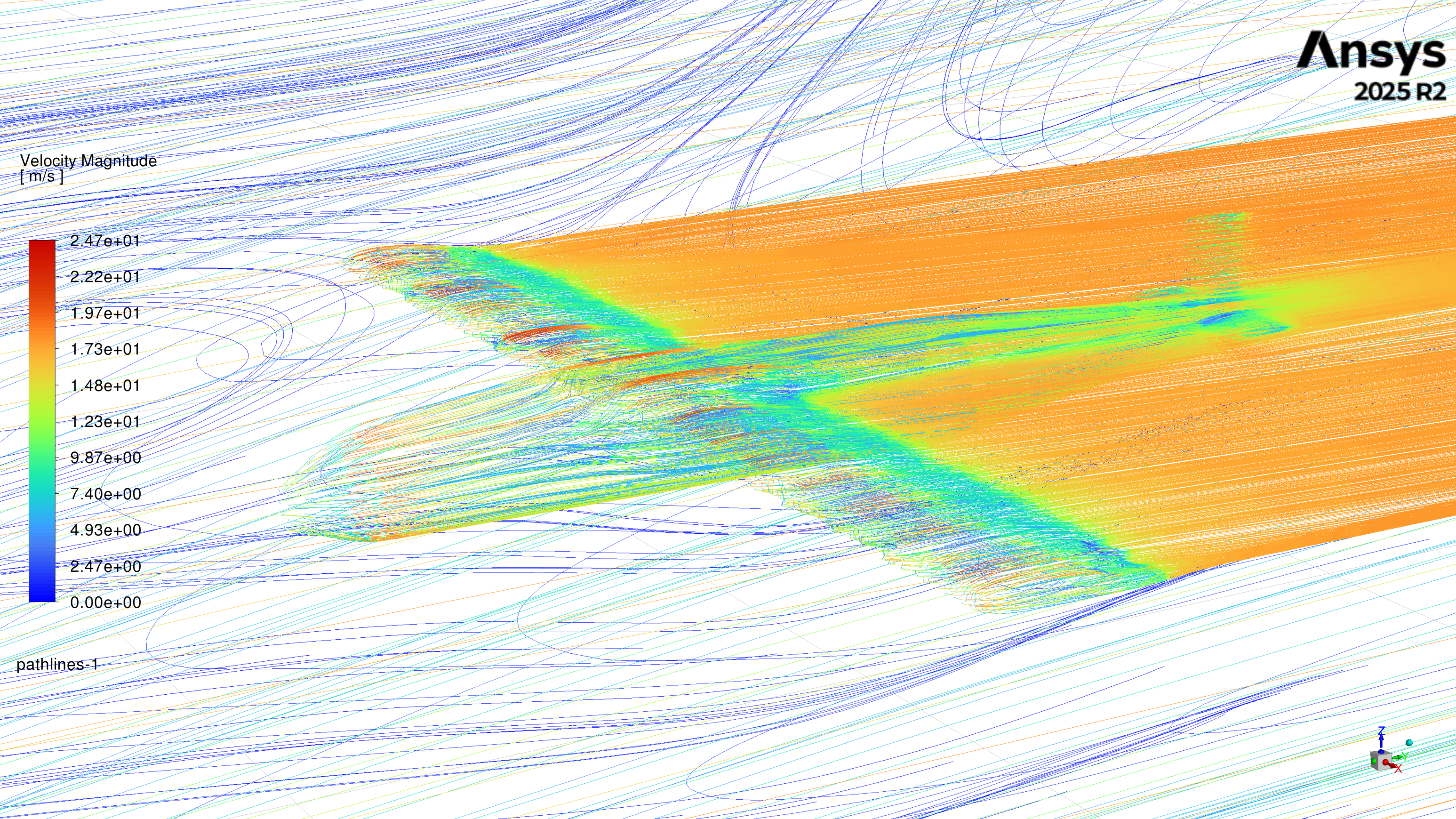 ANSYS CFD velocity pathlines around aircraft showing airflow behavior